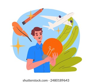 Soft skills concept. Brainstorming creative employee. Man with light bulb near airplane. Young guy with brilliant idea. Cartoon flat vector illustration isolated on white background