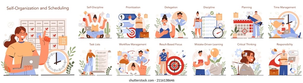 Soft skills concept. Business people or employee with self management and scheduling skill. Time management, self-regulation learning, self-discipline and motivation. Flat vector illustration