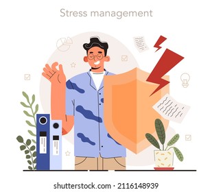 Soft skills concept. Business people or employee with stress management skill. Employee meditate against stress. Deadline and stress management concept. Flat vector illustration