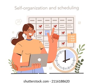 Soft skills concept. Business people or employee with self management and scheduling skill. Personal management, self-regulation learning, self-organization and motivation. Flat vector illustration