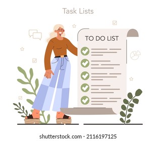 Soft skills concept. Business people or employee with tasking skill. Task list development. Effective project managment and progress tracking. Flat vector illustration