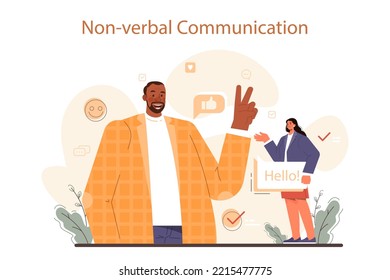 Concepto de habilidades blandas. Empresarios o empleados con buenas habilidades de comunicación no verbal. Educación, capacitación y mejora del lenguaje corporal para el desarrollo profesional. Ilustración vectorial plana