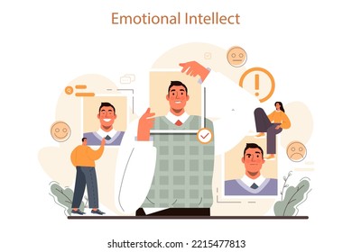 Concepto de habilidades blandas. Empresarios o empleados con inteligencia emocional. Equilibrio de emociones y sentimientos. Educación, capacitación y mejora de la carrera. Ilustración vectorial plana