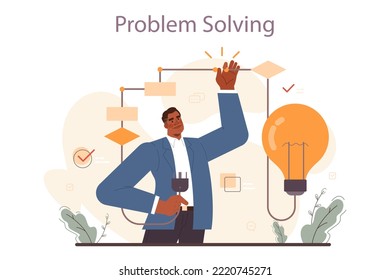 Soft skills concept. Business people or employee with problem-solving skill. Brainstorming and find the solution. Goal achievemnt and success. Flat vector illustration