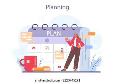 Soft skills concept. Business people or employee with planning skill. Setting a goal or target and following schedule. Idea of planning and organization. Time optimization. Flat vector illustration