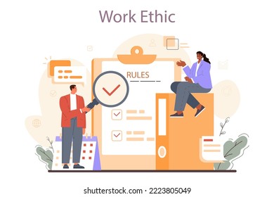 Soft skills concept. Business people or employee following work ethic. Partnership and leadership in business team. HR management. Vector outline illustration