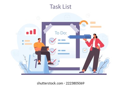 Soft skills concept. Business people or employee with tasking skill. Task list development. Effective project managment and progress tracking. Flat vector illustration