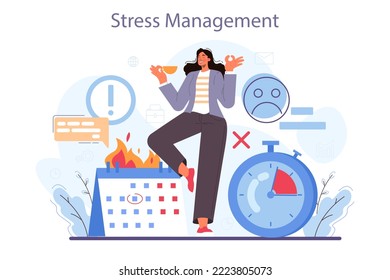 Konzept der weichen Fähigkeiten. Geschäftsleute oder Mitarbeiter mit Stressmanagement-Fähigkeiten. Mitarbeiter meditieren gegen Stress. Deadline- und Stressmanagement-Konzept. Flache Vektorgrafik