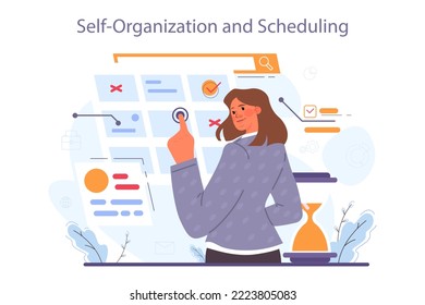 Soft skills concept. Business people or employee with self organization and scheduling skill. Personal management, self-regulation learning, self-organization and motivation. Flat vector illustration