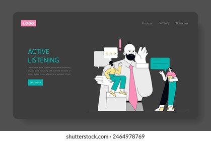 Soft Skills concept. Characters engaged in effective communication showcasing active listening skills on a website interface. Vector illustration.