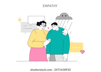 Soft Skills concept. Compassionate woman consoles a sad friend under a rain cloud, showcasing empathy. Vector illustration.