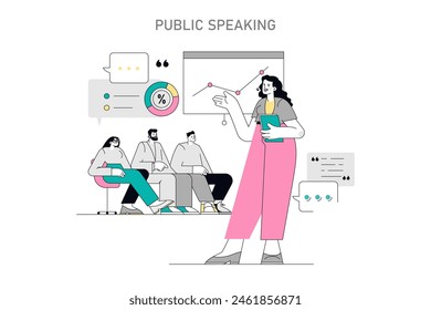 Soft Skills concept. A confident woman presents data to attentive colleagues, highlighting effective communication. Vector illustration.