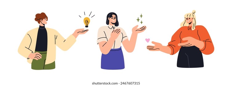 Soft skills concept. Creativity, idea, inspiration, support, love and empathy symbols in hands. Happy people holding lightbulb, stars, heart. Flat vector illustration isolated on white background