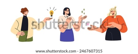 Soft skills concept. Creativity, idea, inspiration, support, love and empathy symbols in hands. Happy people holding lightbulb, stars, heart. Flat vector illustration isolated on white background