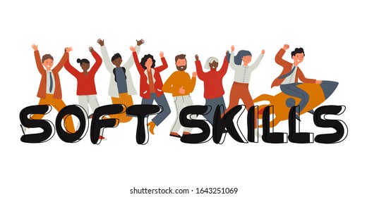 Soft skills concept. Flying  on rocket leader and the team runs after him. Lettering Soft skills. Colored flat vector illustration. Isolated on white background.