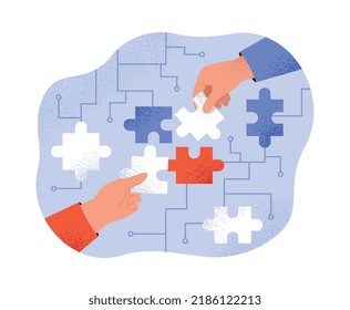 Soft skills concept. Hands put together puzzles, partnership and teamwork. Creative characters overcome mental impasse, creative personalities and brainstorming. Cartoon flat vector illustration