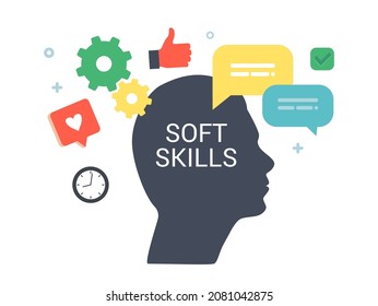 Soft Skills Concept. Human Head with Business Icons around. Office Workers Empathy, Communication, Idea Development and Education at Work, Multiple Intelligences. Cartoon Vector Illustration