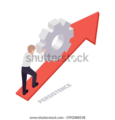 Soft skills concept icon with isometric character pulling big gear up 3d vector illustration