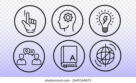 Soft skills concept icon set. Critical thinking creativity communication collaboration. Education learning teamwork innovation training. Black outline vector on transparent background