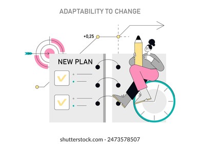 Soft Skills concept. Illustration capturing the process of adapting to change with strategic planning. Personal growth and flexibility in action. Vector illustration.