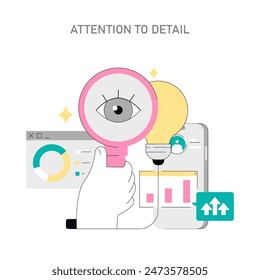 Soft Skills concept. Illustration depicting meticulous analysis for quality and precision. Data scrutiny with a magnifying glass icon. Vector illustration.