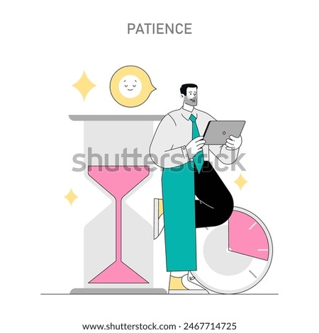 Soft Skills concept. Illustration reflecting patience through a man serenely waiting with a tablet and hourglass. Personal growth and emotional intelligence. Vector illustration.