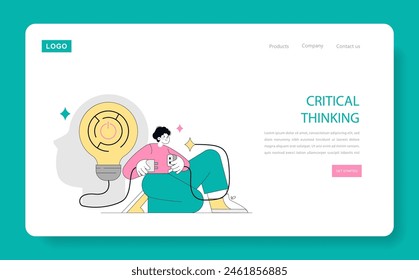 Soft Skills concept. An illustration showing a person contemplating with a light bulb head symbolizing critical thinking. Web landing page design. Vector illustration.