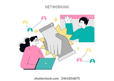 Soft Skills concept. Illustration of virtual networking, with a person shaking hands from a laptop screen, symbolizing online collaboration. Vector illustration.