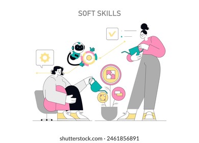 Soft Skills concept. Individuals nurturing personal growth and team collaboration highlighted by puzzle and target icons. Nurturing teamwork, personal development, and robot assistance. Vector