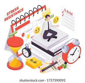 Soft skills concept isometric composition with work under pressure ability time management stress resistance symbols vector illustration 
