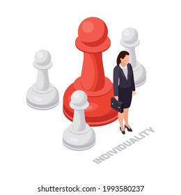Soft skills concept isometric icon with businesswoman big red and three small white chess pieces 3d vector illustration