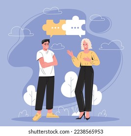 Concepto de habilidades blandas. Hombre y mujer con rompecabezas. Metáfora de comunicación e interacción, persona con mejores habilidades de comunicación. Afiche o cartel para el sitio web. Dibujo vectorial plano de dibujos animados