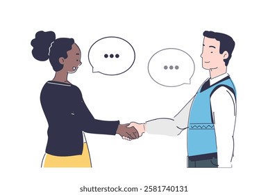 Soft skills concept. Man and woman shaking hands. Collaboration and cooperation, partnership. Successful negotiations and agreement, business deal. Linear vector illustration