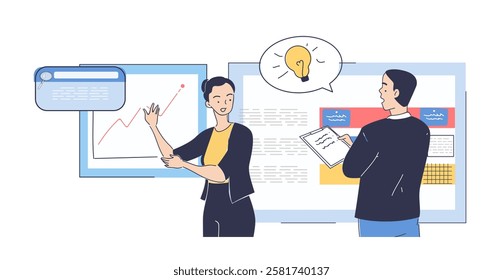 Soft skills concept. Man and woman discussing chart or graph. Collaboration and cooperation, partnership. Organization of effective work process, business networking. Linear vector illustration
