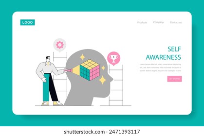 Soft Skills concept. A person completing a colorful puzzle within a head silhouette, symbolizing self-awareness. Personal development and mental growth. Vector illustration.