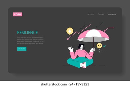 Soft Skills concept. Person meditating under umbrella safeguarded from downward trends, embodying mental resilience. Vector illustration.