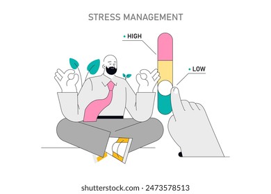 Soft Skills concept. A person practicing stress management by adjusting a symbolic meter from high to low. Balancing mental health at work. Vector illustration.