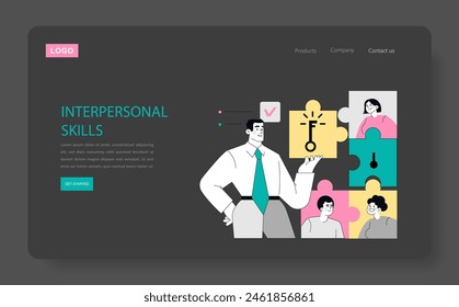 Soft Skills concept. A professional balances key elements with characters as puzzle pieces. Collaboration, communication, teamwork. Vector illustration.