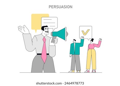 Soft Skills concept. Professional influencing group with communication, presenting ideas with confidence in a corporate setting. Vector illustration.