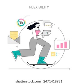 Soft Skills concept. A professional multitasks with ease, showcasing adaptability in the dynamic work environment. Productivity, communication, workflow. Vector illustration.