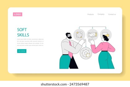 Soft Skills concept. Professionals demonstrating exemplary teamwork and communication. Collaboration, strategy, and leadership in workplace interaction. Vector illustration.