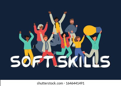 Soft skills concept. Running leader and comand with creative idea. Lettering Soft skills. Colored flat vector illustration.