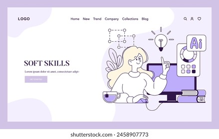 Soft Skills concept. A serene vector illustration of a woman crafting designs, symbolizing the blend of creativity and technology in modern skill sets. Vector illustration