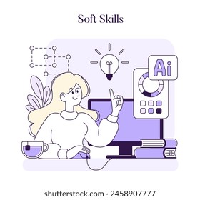 Soft Skills concept. A serene vector illustration of a woman crafting designs, symbolizing the blend of creativity and technology in modern skill sets. Vector illustration
