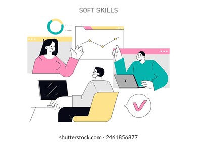 Concepto de habilidades blandas. Trabajo en equipo y comunicación efectiva en un entorno profesional. Colaboración, liderazgo y resolución de problemas. Ilustración vectorial.