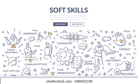 Soft skills concept. Teamwork, leadership, self confidence, motivation, communication, empathy, active listening, time management, stress resistance. Doodle illustration