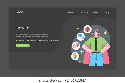 Soft skills dark or night mode web, landing. Professional business man multiple skills for career versatility. Strategic development of professional competencies. Flat vector illustration.