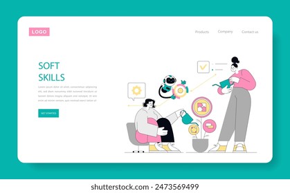 Soft Skills development concept. An illustration of a person watering a plant, symbolizing growth in communication and teamwork abilities. Vector illustration.