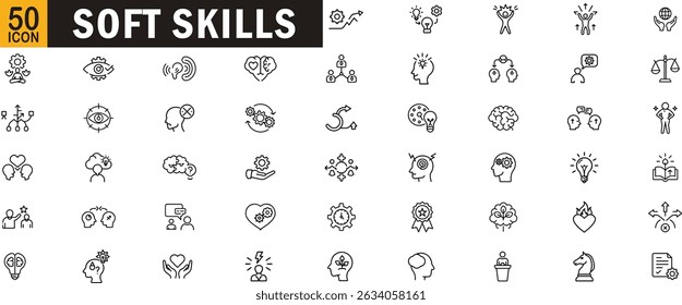 Soft skills editable outline icon set. Communication, empathy, leadership, growth mindset, emotional intelligence and more.