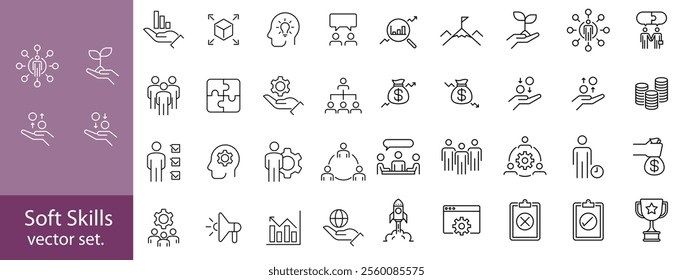 Soft Skills editable stroke outline web icons set. Skills, leadership, communication, creativity, empathy, self-motivation, problem solving, teamwork and responsibility. Vector illustration